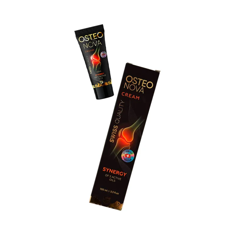 Osteonova Cream — Verpackung mit Kniegelenk-Motiv, Swiss Quality